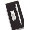 Silver 2-Tone Money Clip with Stone and Matching Ball Point Pen in Gift Box